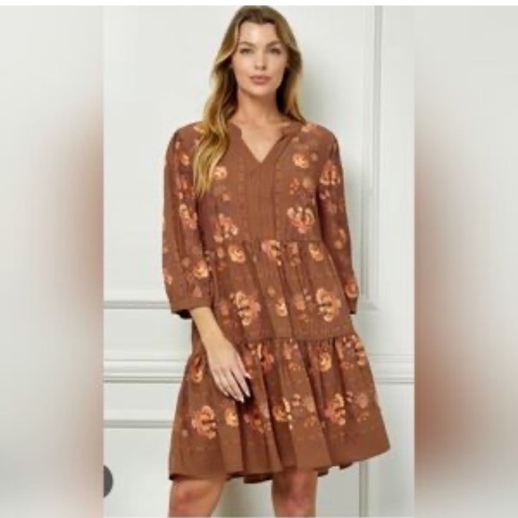 fig and flower Dresses & Skirts - Fig and Flower  by ANTHROPOLOGY Terracotta Floral Long Sleeve Dress